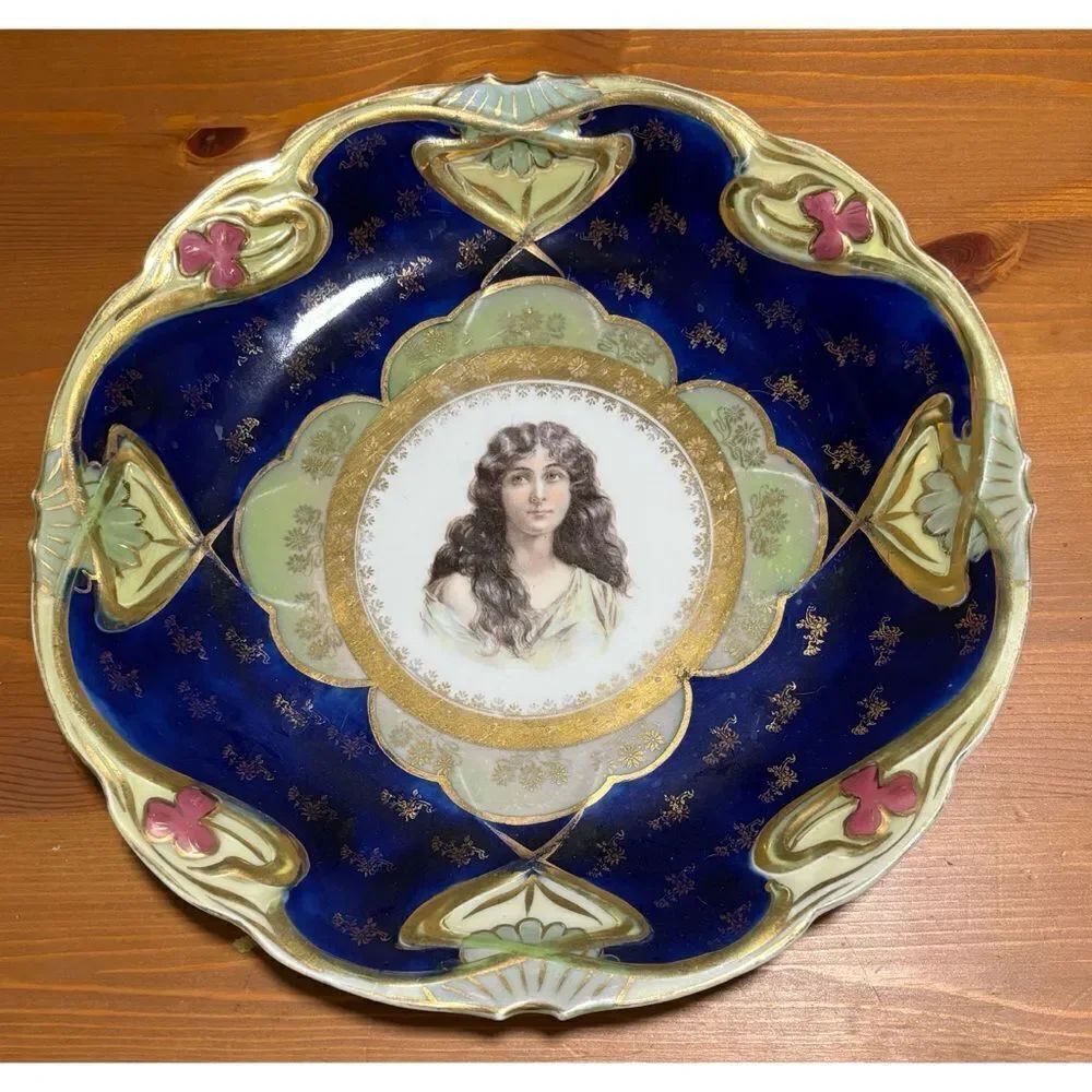 ANTIQUE GERMAN JPF PORCELAIN Large BOWL / Platter WITH WOMAN PORTRAIT